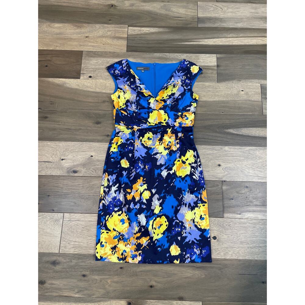 Donna Ricco Dress Blue Yellow Abstract Floral Sheath Cap Sleeve Size 10 - Picture 4 of 7